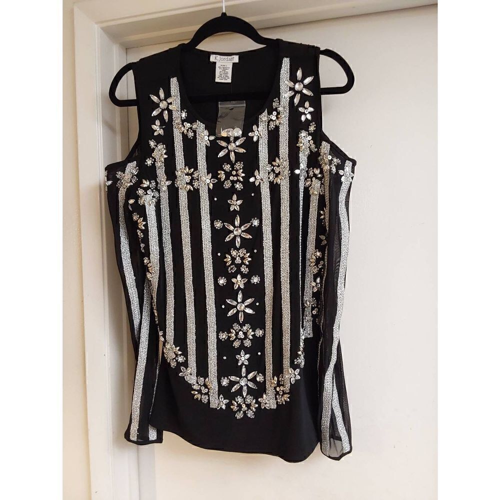 NWOT~K Jordan Black & Silver Rhinestone Embellished Cold Shoulder Tunic Top Sz L